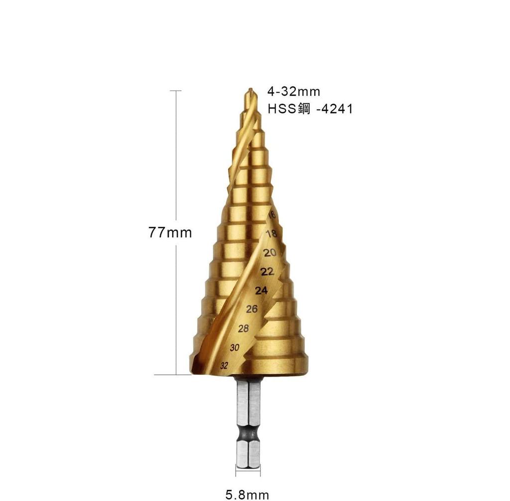 ONUEMP Hexagonal Step Extra Titanium HSS Steel Hexagonal Spiral Drill, 1-Piece Set, Spiral, Sharp, Coated, Drill, (4-32mm)