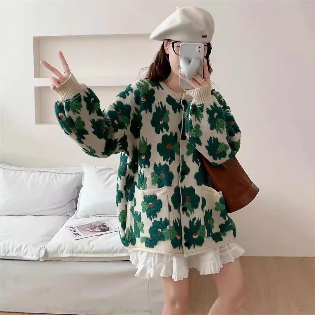 

Autumn and Winter Women s Clothing Flower Jacquard Knitted Cardigan Women s Korean Version Lazy Loose Large Size Sweater Jacket one size