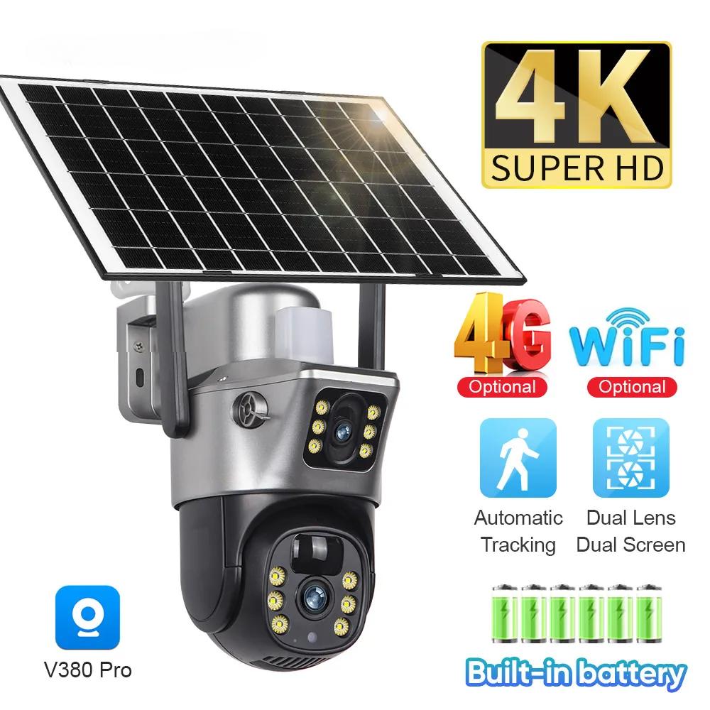 Nuova scheda SIM 4K 8MP 4G Telecamere solari a doppio schermo WiFi PTZ Doppia lente Batteria incorporata Telecamera di sorveglianza di sicurezza con tracciamento automatico umano