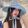Chapeau Bob Plaid Double Face à Bord Large à Lacets Été Extérieur Polyvalent Protection Solaire Doux Couleur Contrastée Plaid Chapeaux pour Femmes