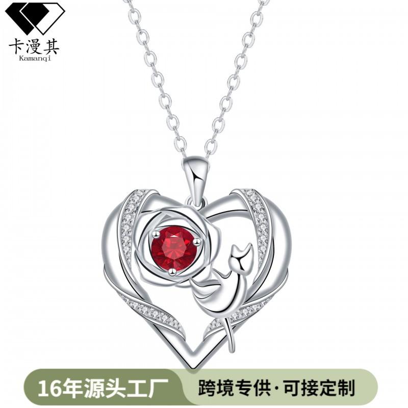 Elegant Heart-Shaped Cat Pendant Necklace Women Silver-Tone Copper Chain Lightweight Locket Style Jewelry Mothers Day