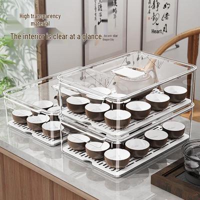 Large Capacity Transparent Tea Set Storage Organizer with Drainage