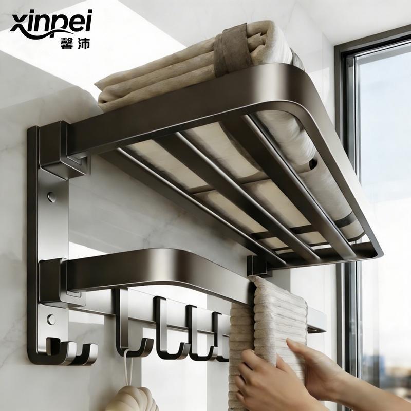 Foldable Space Aluminum Bathroom Towel Rack with Hooks