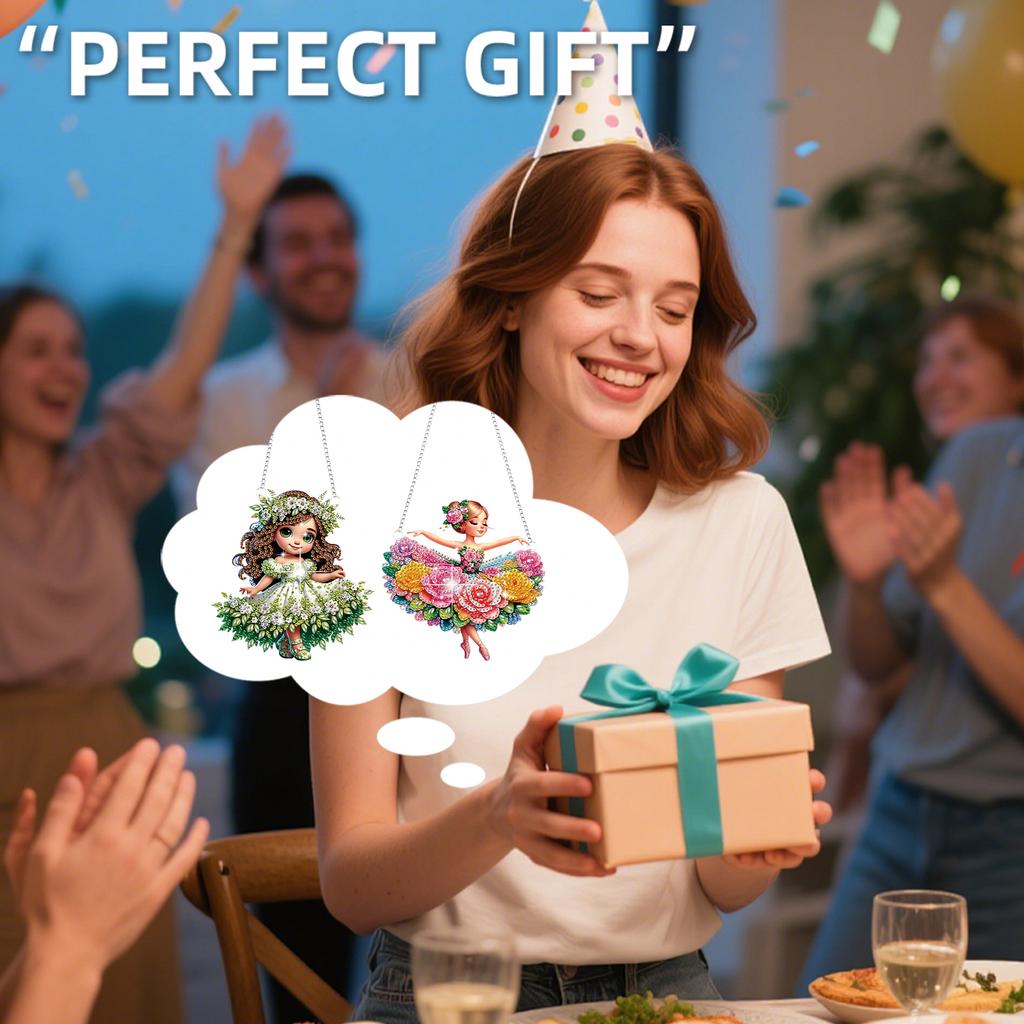 2Pcs Girl Theme 2D/Flat DIY Rhinestone Diamond Art Window Pendants Crystal Painting Ornament Window Hanging Art for Home Decor