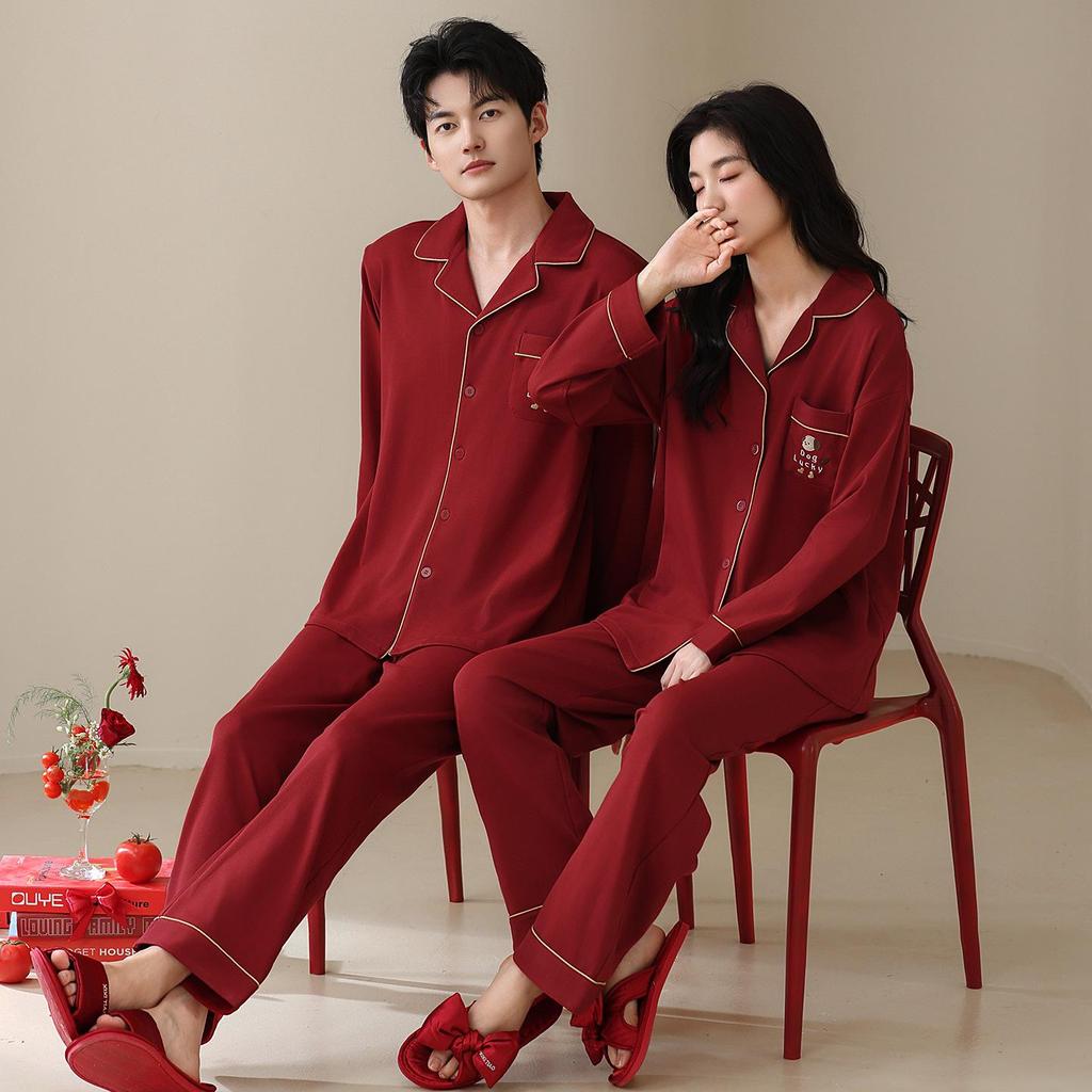 Red Zodiac Festive Couple Pajama Set - Tencel Cotton, Long Sleeve Cardigan for Spring/Autumn