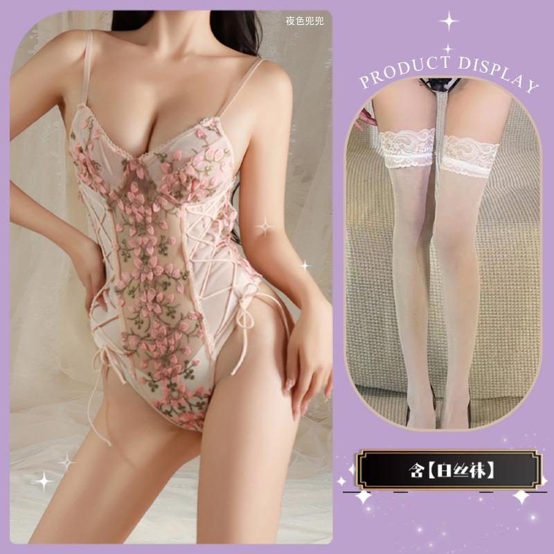 Lace Deep V Embroidery Suspender Inside with Onesie Backless Retro Floral Sexy Strap Splicing Mesh Flower