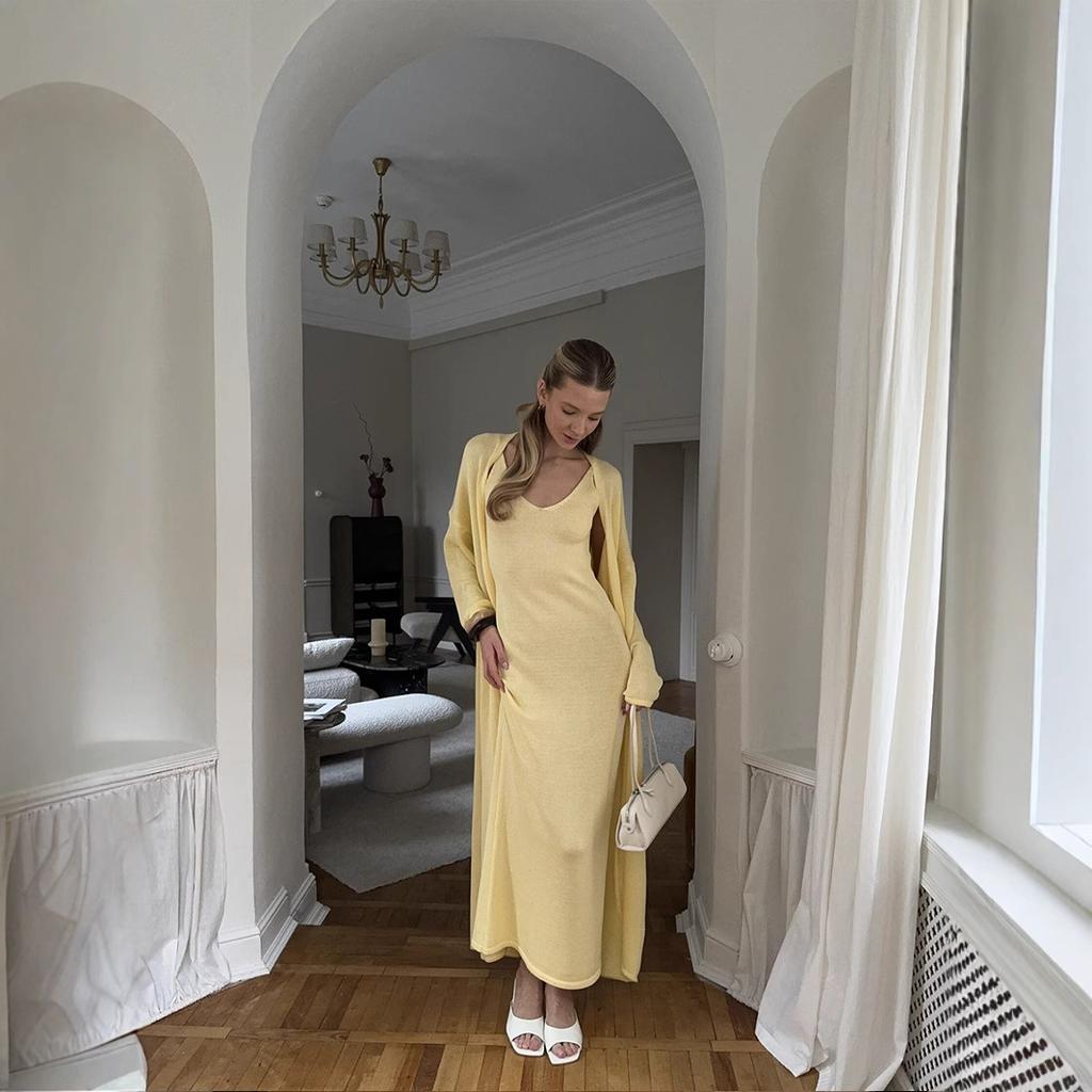 Women's V-Neck Maxi Dress with Longline Cardigan, Elegant Layered Set