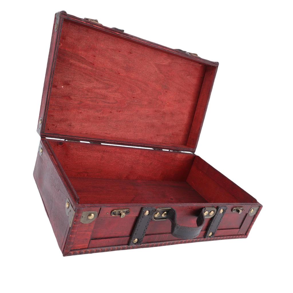 Wooden Vintage Suitcase Antique Decorative Storage Chest Travel Treasure Chest Box with PU Leather Handle for Weddings Keepsakes