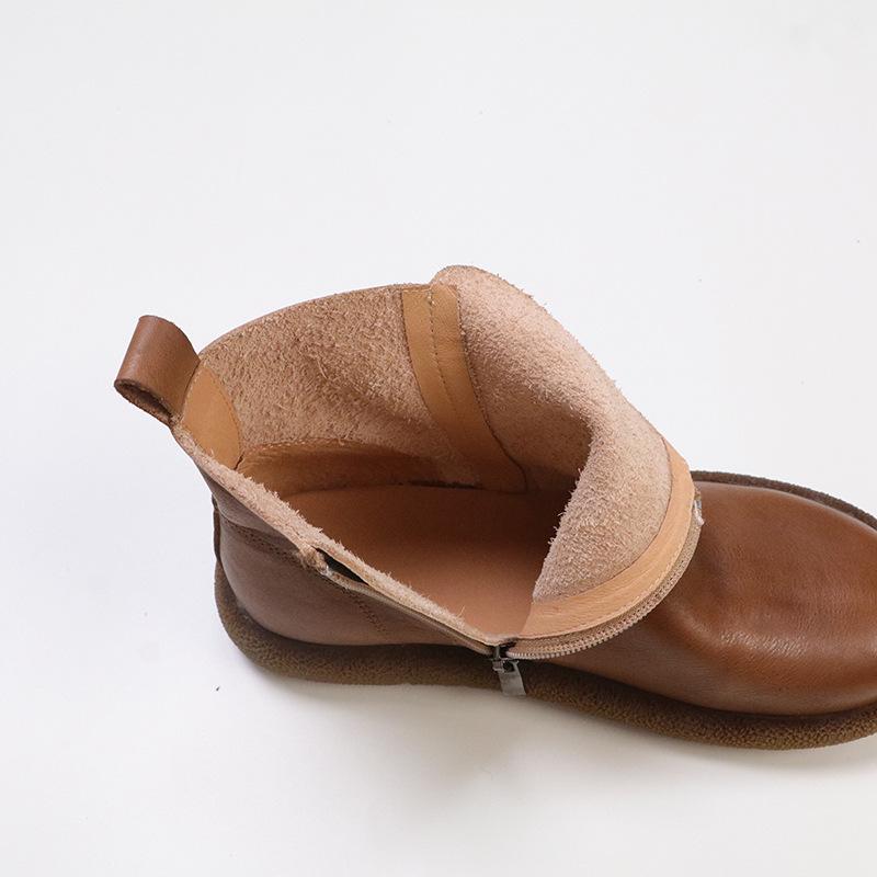 Johnature Genuine Leather Women's Short Boots Retro Side Zipper Round Toe Flat Chelsea Boots