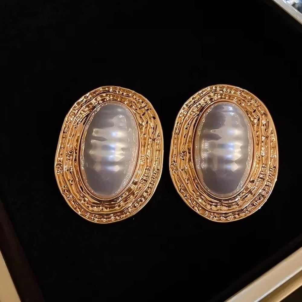 Gold Oval Metal Pearl Earrings Vintage Geometric Exaggerated Earrings Large Stud Earrings  Gift
