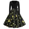 Women's Retro V-Neck Christmas Print Dress with Snowflake and Christmas Tree Pattern
