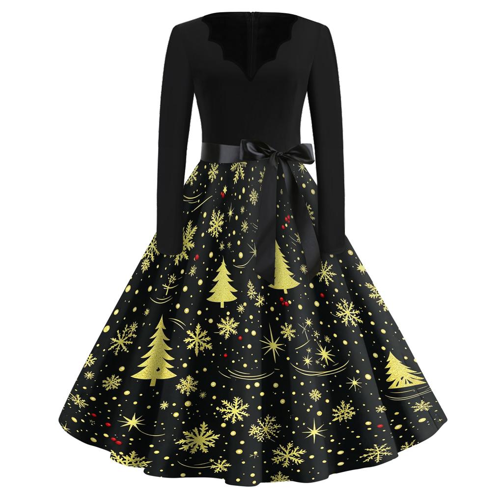 Women's Retro V-Neck Christmas Print Dress with Snowflake and Christmas Tree Pattern