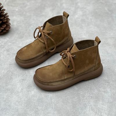 Retro handgefertigte Damen kurze Stiefel aus echtem Leder mit runder Spitze und einfarbigen Schnürstiefeln