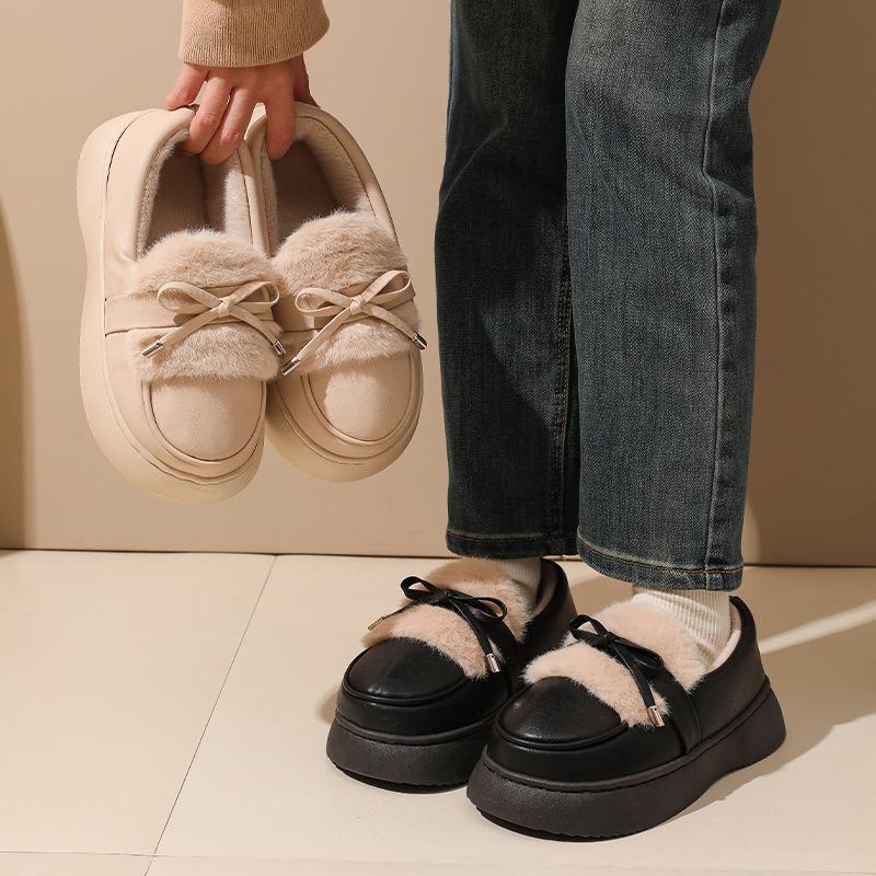 Women's fashion versatile bow with cotton shoes outside, retro plush winter warm and lightweight bag and slippers
