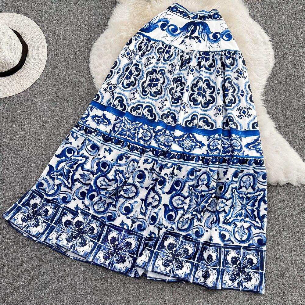 Fashionable Suit Female Casual Celadon Print Concord Vest + High Waist Shows Thin Big Set Skirt Two Pieces