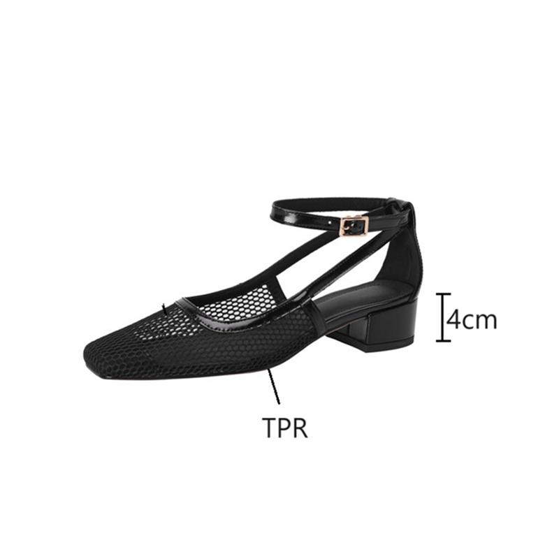 Fashion NEW Summer Women Sandals Square Toe Chunky Heel Shoes for Women Cover Toe Black Mesh Shoes Ankle Strap Cover Heel Modern Sandals