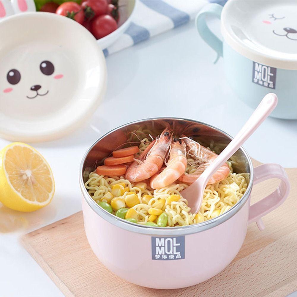 Kreslený japonský králík miska na instantní nudle Nerezová dvouvrstvá miska na rýži Miska na polévku Přenosné nádobí s víčkem Lžíce