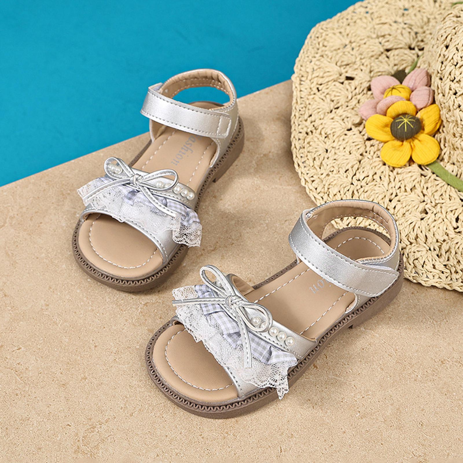 Girls Open Toe Sandals Lace Pearl Bowknot Decoration Adjustable Strap Comfortable Sole Casual Footwear for Little Girls 29