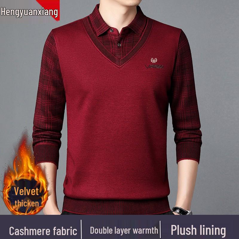 Hengyuanxiang Men's Pure Cashmere Two-Piece Look Thickened Winter Sweater