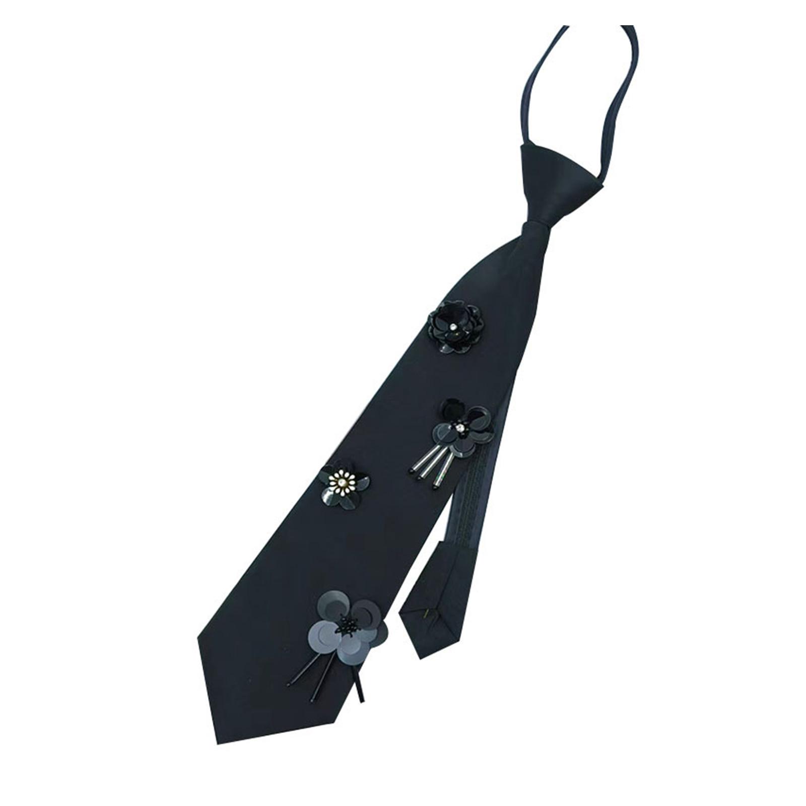

Women Students Uniform Tie Vintage Sequins Flower Embellished Pre Tied Neck Tie with Zippered Closure for School Casual чорний