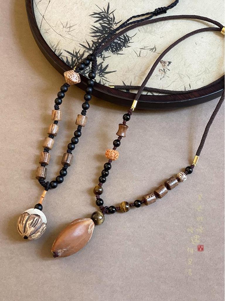 Hand-Woven Pine Nut Wood Bead Necklace - Chinese Retro Style Versatile Fashion Accessory