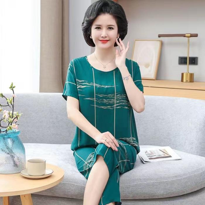 Ice Silk Suit Pajamas Women's Summer Short-sleeved Middle-aged Casual Wear Can Be Worn Outside Mother's Thin Two-piece Set