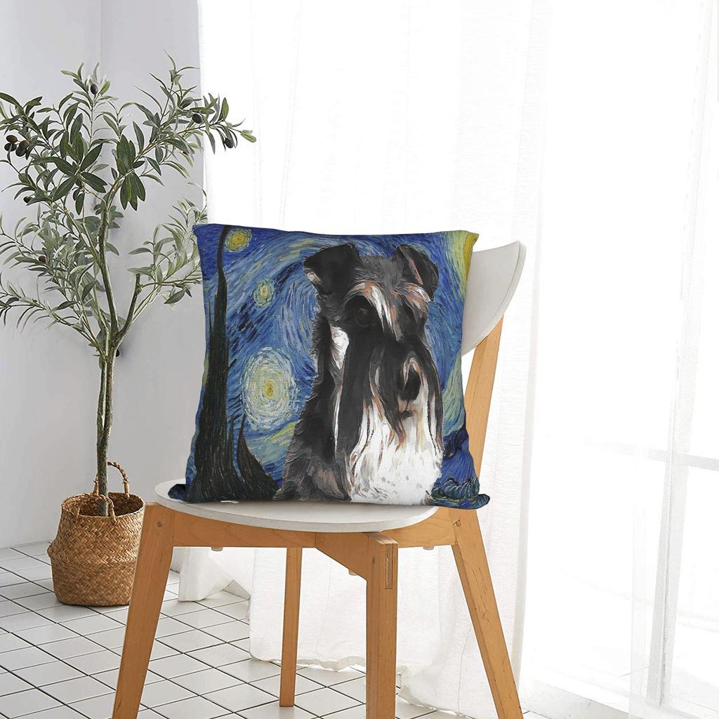 Mini Schnauzer Dog Van Gogh Starry Night Pillowcase Polyester Cushion Cover Decorations Pillow Case Cover Sofa Square 45*45cm