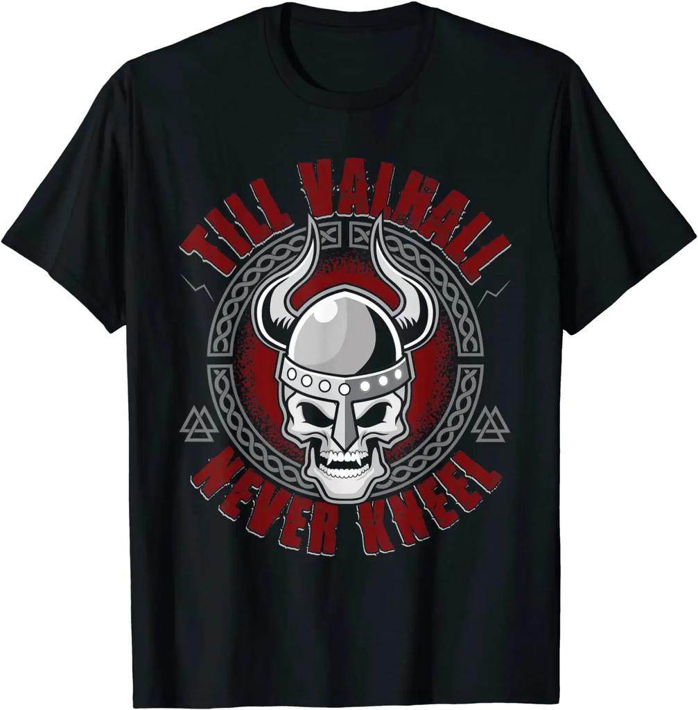 Till Valhall Never Kneel Nordic Warrior Skull TShirt 100 Cotton ONeck Summer Short Sleeve Casual Mens Tshirt Size S3XL