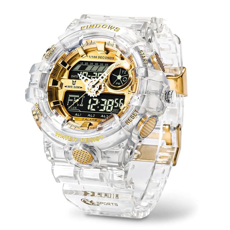 

PINDOWS Men s watches, men s military watches Outdoor Sports Electronic Watch, Date Multifunction LED Alarm Stopwatch, 50m Waterproof Analog Digital