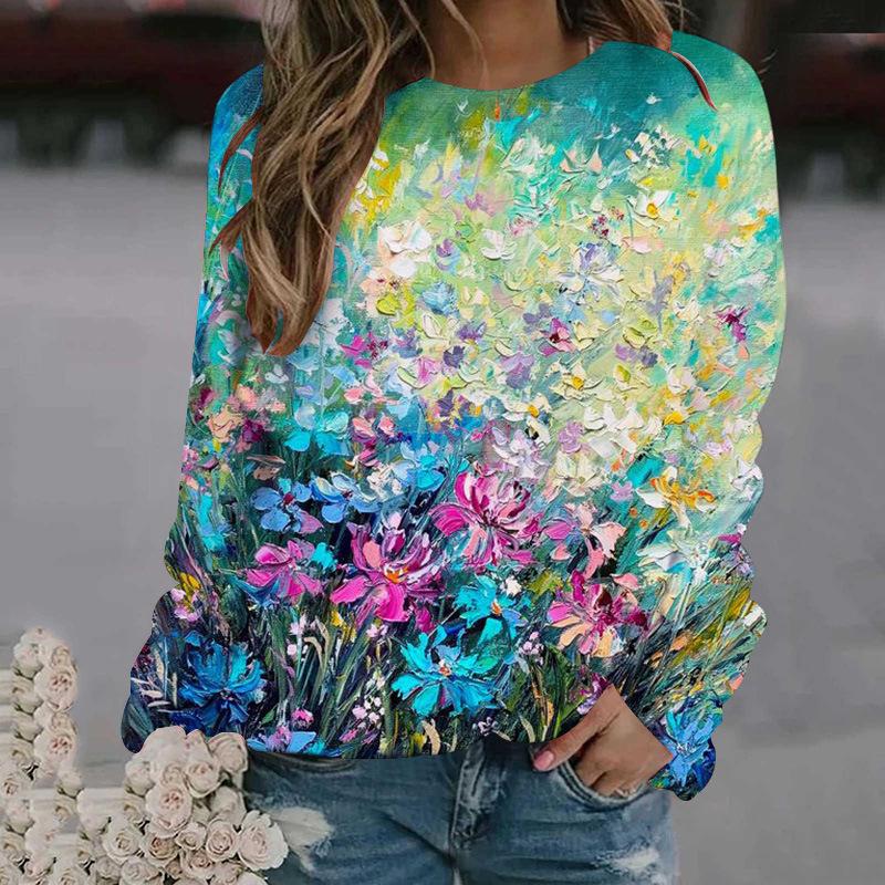 Oil painting flower pattern 3D printing sports shirt women's long sleeved shirt
