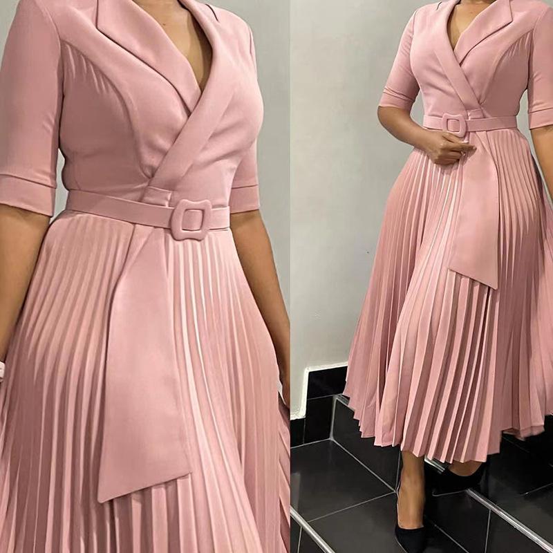 L51 Women's Suit Collar Tie-Waist Pleated African Dress
