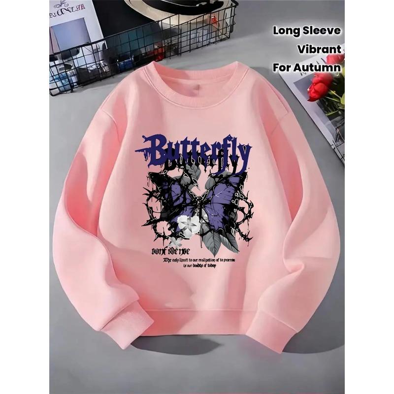 Kids Sweatshirt Hoodie for Girls with a Round Neck - Features a Butterfly Design Surrounded by Thorns And Flowers, Suitable for Machine Washing