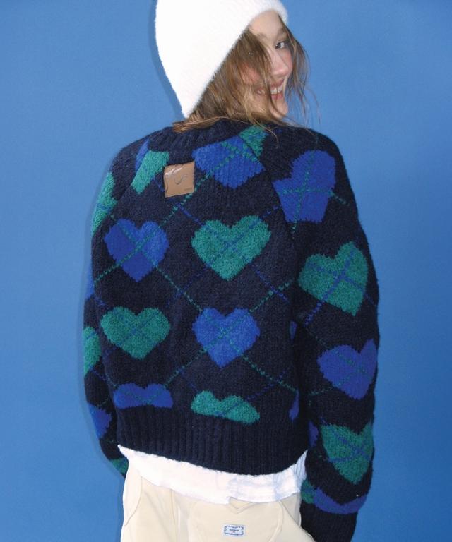 RONRON Heart Argyle Heavy Crop Knit Navy