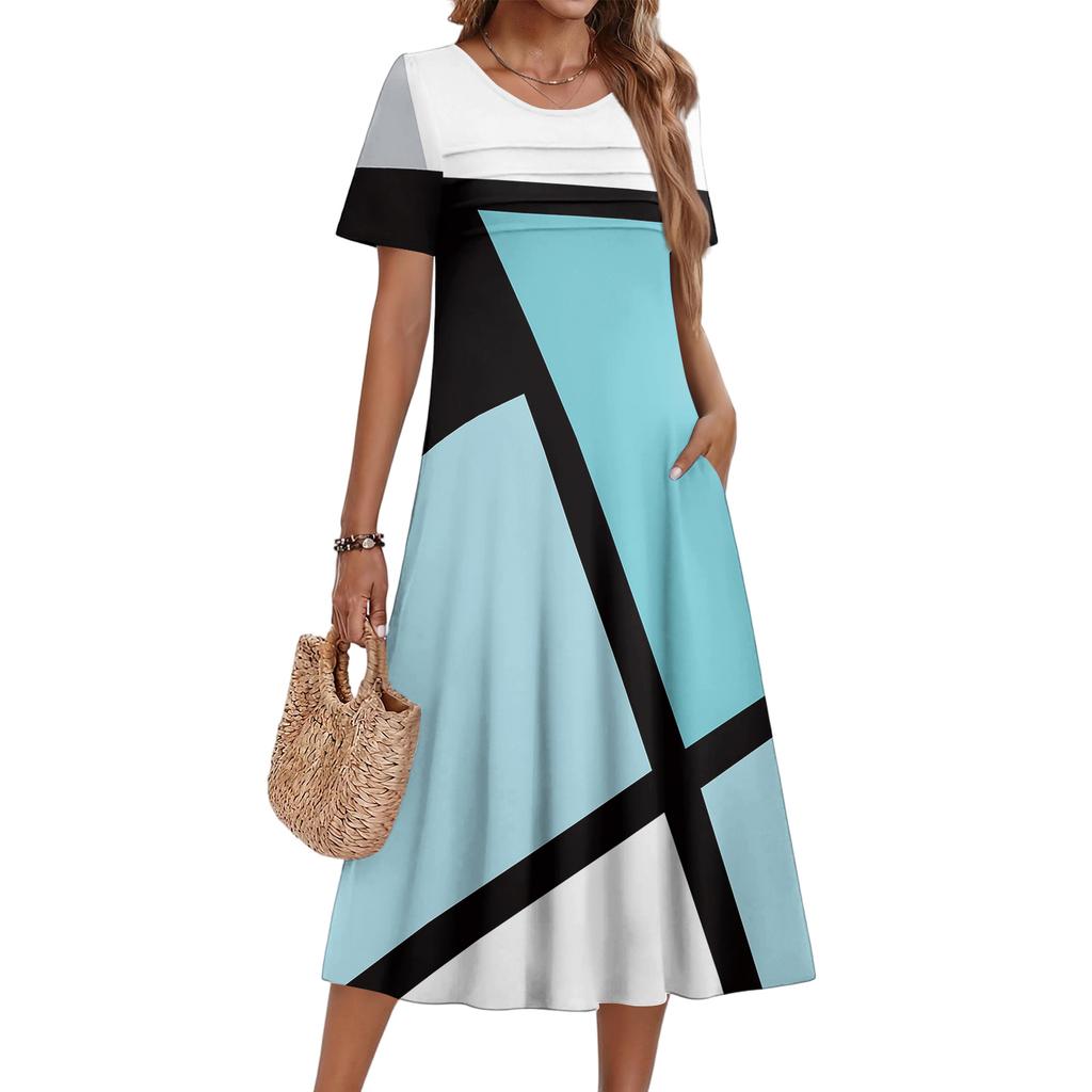 Vestito Corto Casual e alla Moda da Donna con Stampa Floreale e Maniche Corte Girocollo