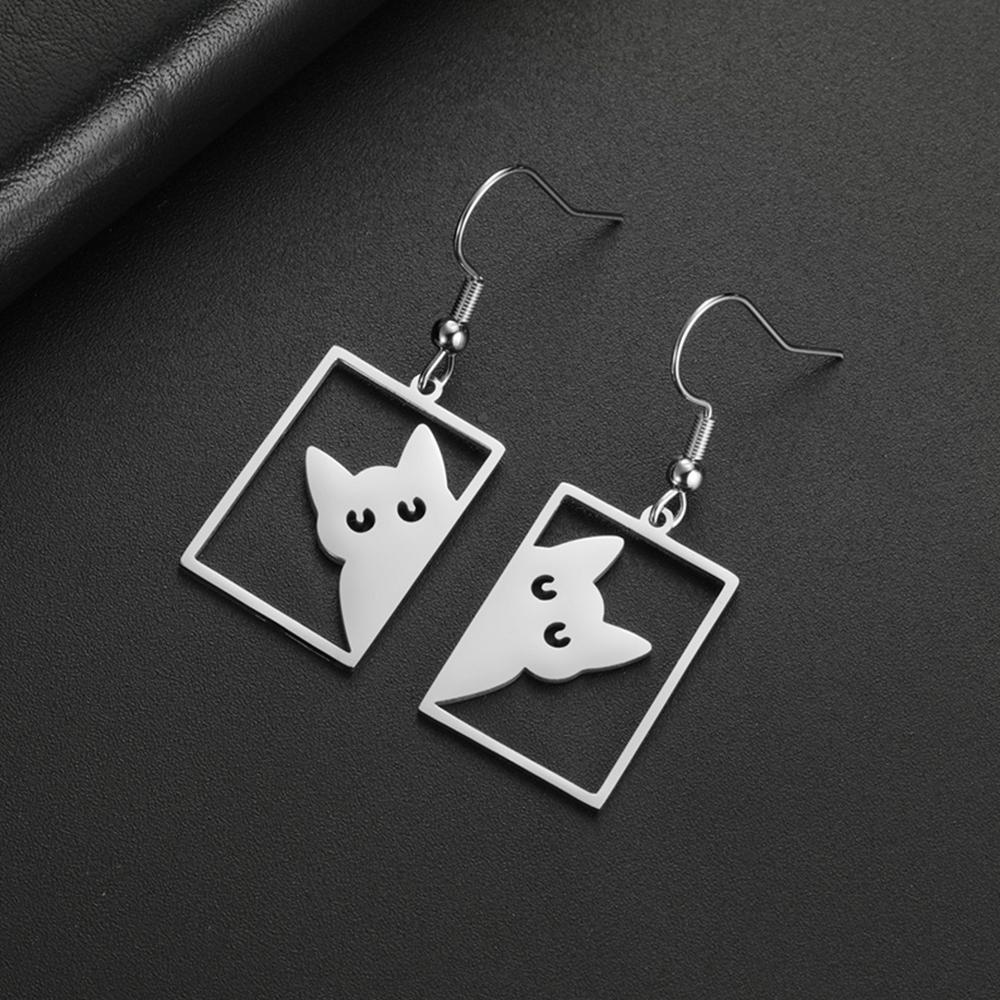 My Shape Cute Cat Earrings for Women Girls Stainless Steel Rectangle Shaped Cat Kitten Earrings Animal Fashion Jewelry Gifts