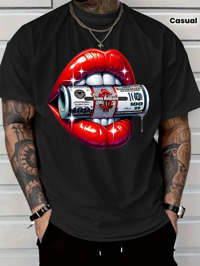 Red Lips Money Graphic Men’s T-Shirt Dollar Bill Luxury Streetwear Tee