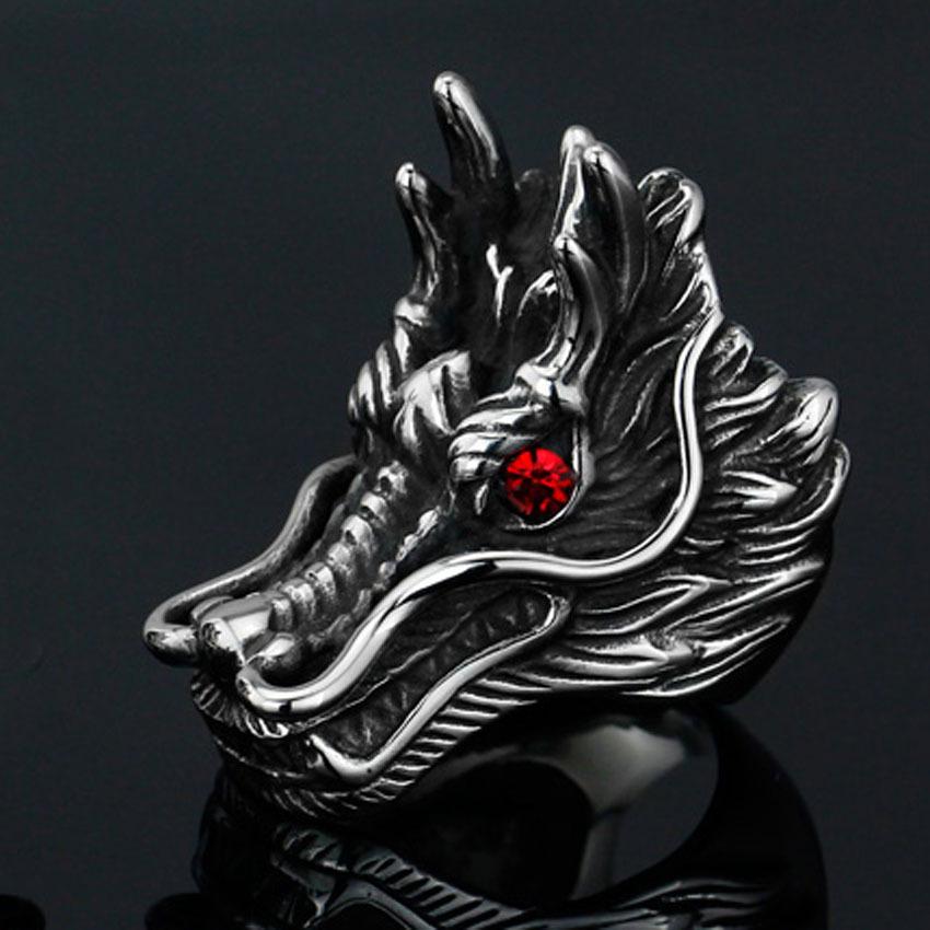 

European and American Domineering Red Eye Dragon Head Ring Retro Men s Punk Jewelry Fashion Ring one size(US size 6-13) срібний