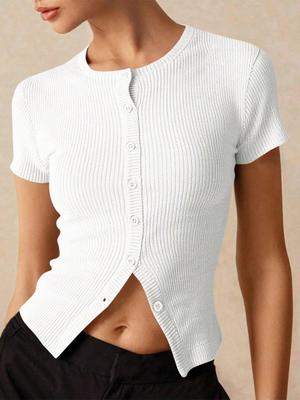 Damen Rippstrick Cropped Cardigan Kurzarm Knopfleiste Figurbetont Pullover Top