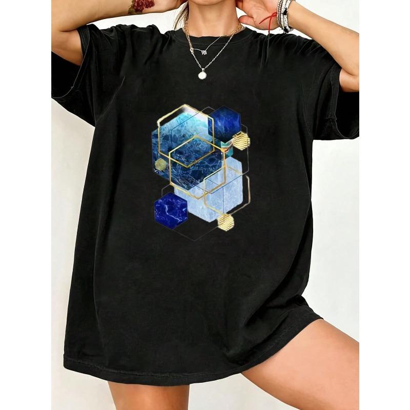 Schwarzes Oversized T-Shirt mit geometrischem Kristallmuster für Freizeitkleidung