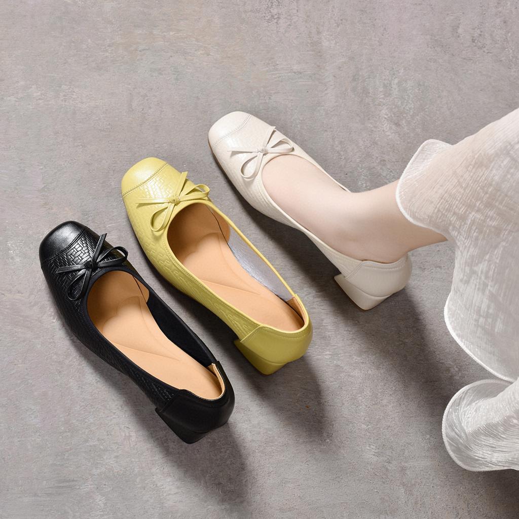 Eckiger Kopf High Heels Damen Frühling und Sommer Schleife leichter Mund dicker Absatz mittlerer Absatz ein Pedal einzelne Schuhe Mary Jane Schuhe