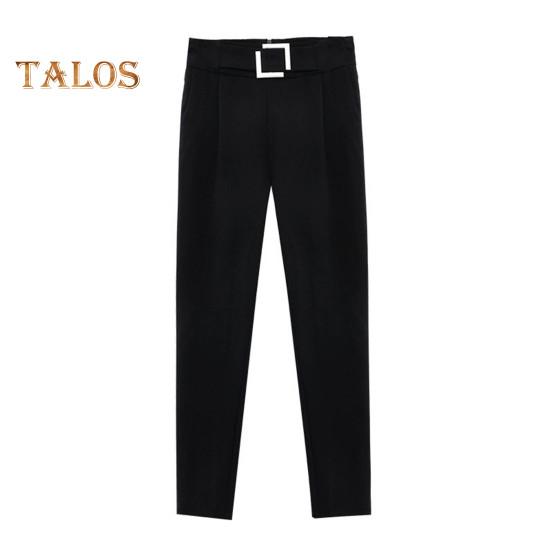 Women Casual Trousers High Waist Suit Pants Metal Buckle Pockets Solid Color Slim Fit Harem Pants Workwear