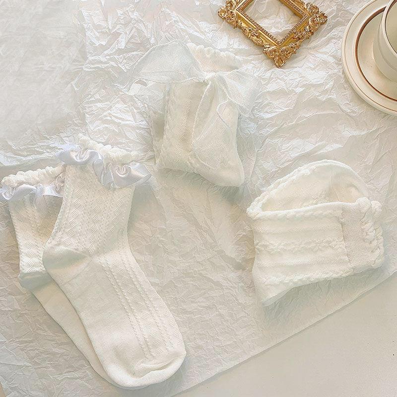 5 Pairs Lolita Socks White Bow Lace Socks Middle Tube Japanese College Style Princess Socks Sweet JK Streetwear Hosiery
