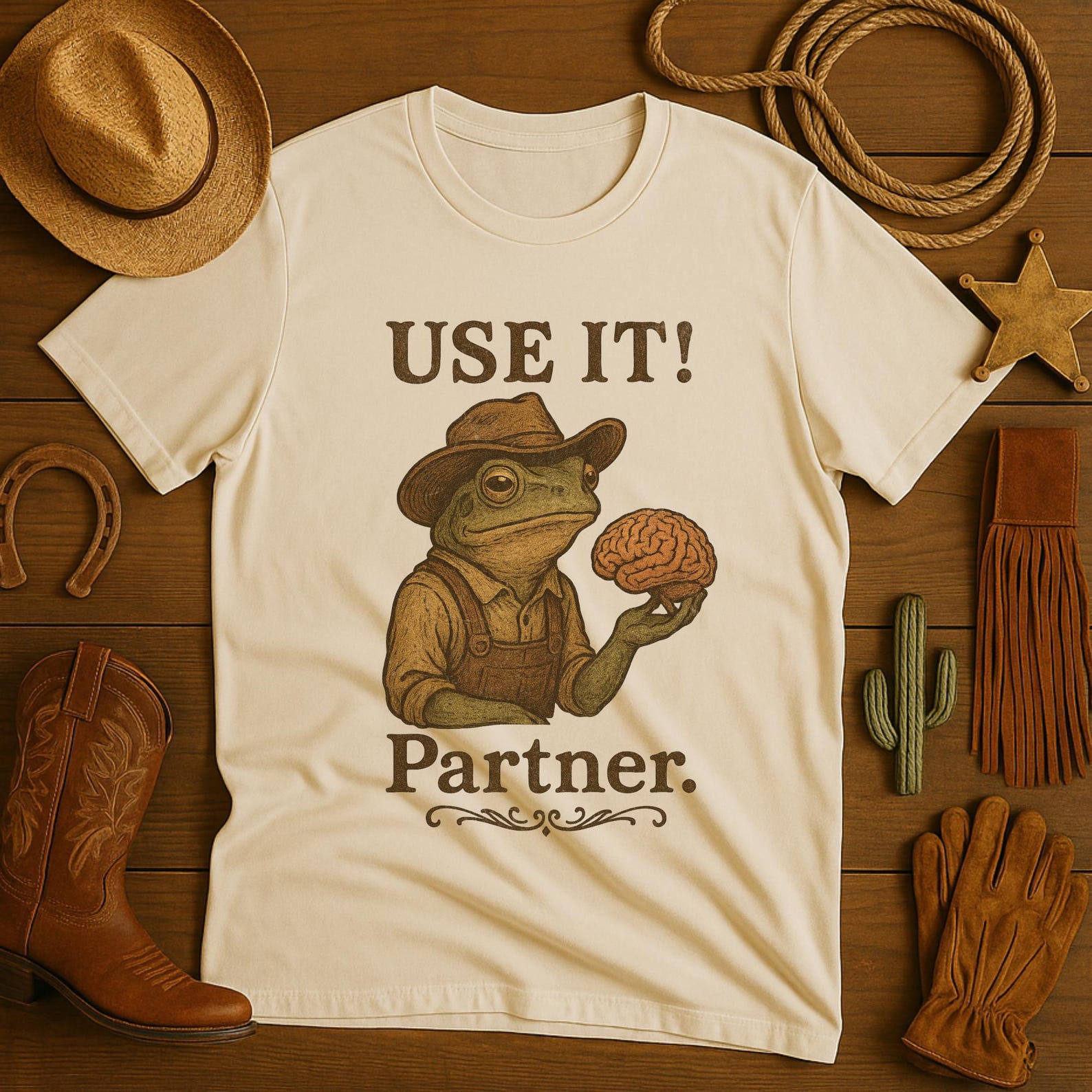 Funny Western Frog Shirt – Vintage Cottagecore Cowboy Frog with Brain Graphic Tee. M