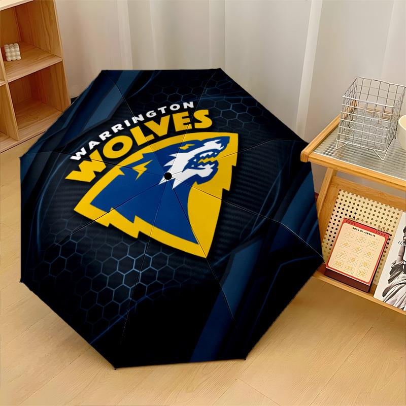 Warrington Wolves Print Auto 8?Ribs Folding Umbrella Wind Resistant Lightweight Automatic Umbrella For Daily Travel