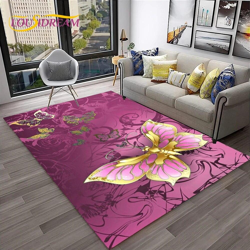 3D Luxury Dream Butterfly Flower Carpet Rug for Home Living Room Bedroom Sofa Doormat Decor,Kid Play Area Rug Non-slip Floor Mat