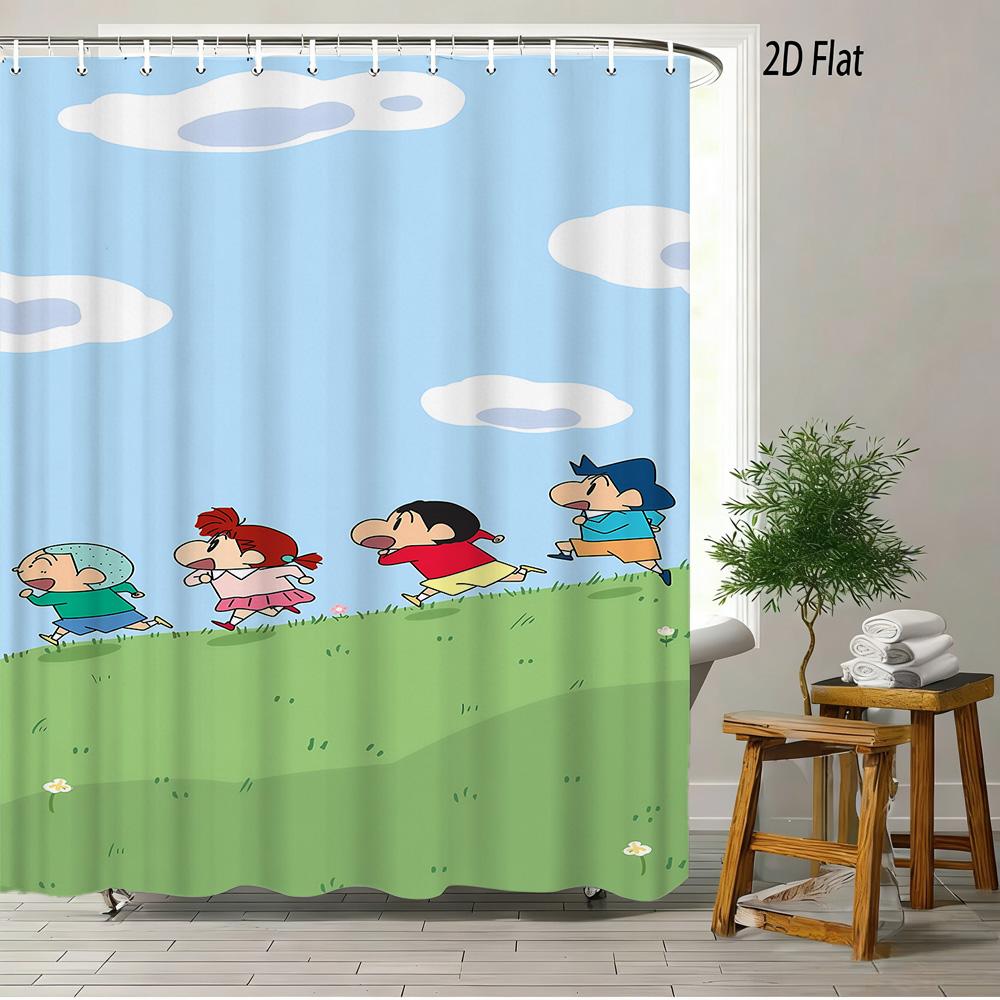 Crayon Shin-Chan & Shiro & Himawari Photo Collage Scene 2D Print Waterproof Shower Curtain, Warm Yellow Checkered With Star Acce