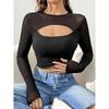 Women Long Sleeve Mesh See Through Tops Casual Fashion Slim Fit Office Work Blouse Spring Dressy Shirts