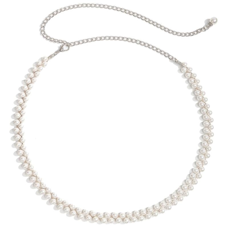Adjustable Waist Chain Metal Pearls Embellished Waist Belt Retro Style Clasp Closure Design For Women s Outfits серебряный