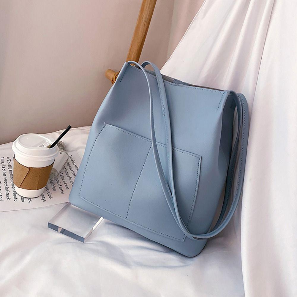 PU Leather Shoulder Bucket Bags Large Capacity Korean Style Tote Bag  Women Girls