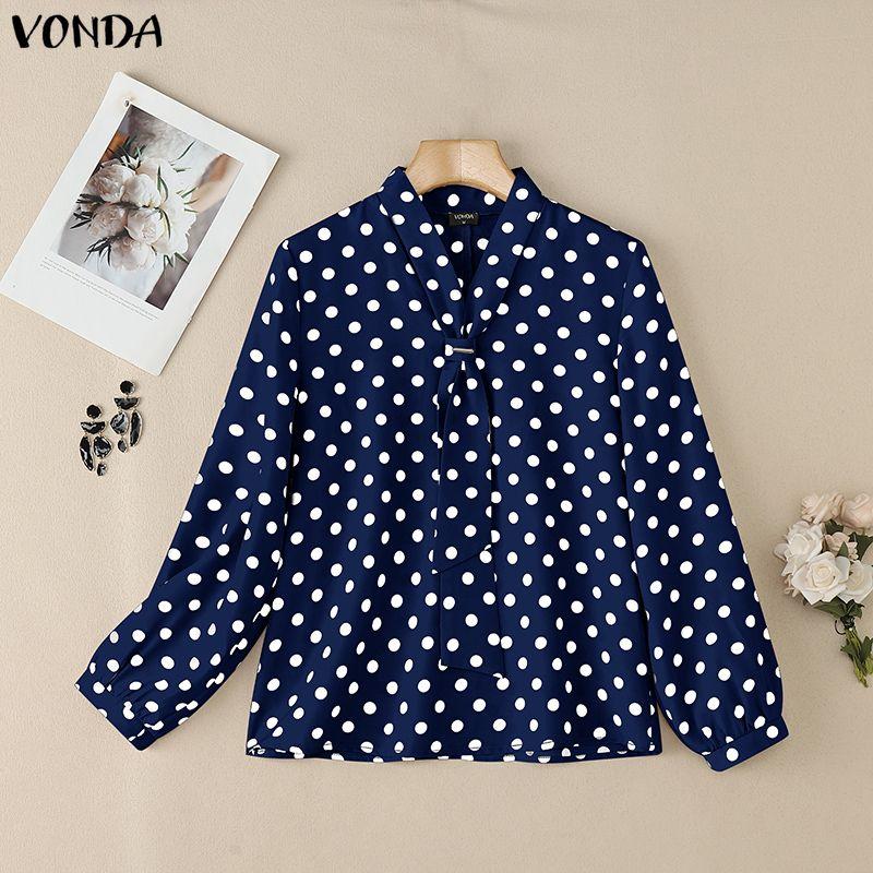 VONDA Elegant Women Tie V Neck Long Sleeve Polka Dots Casual Blouse Tops